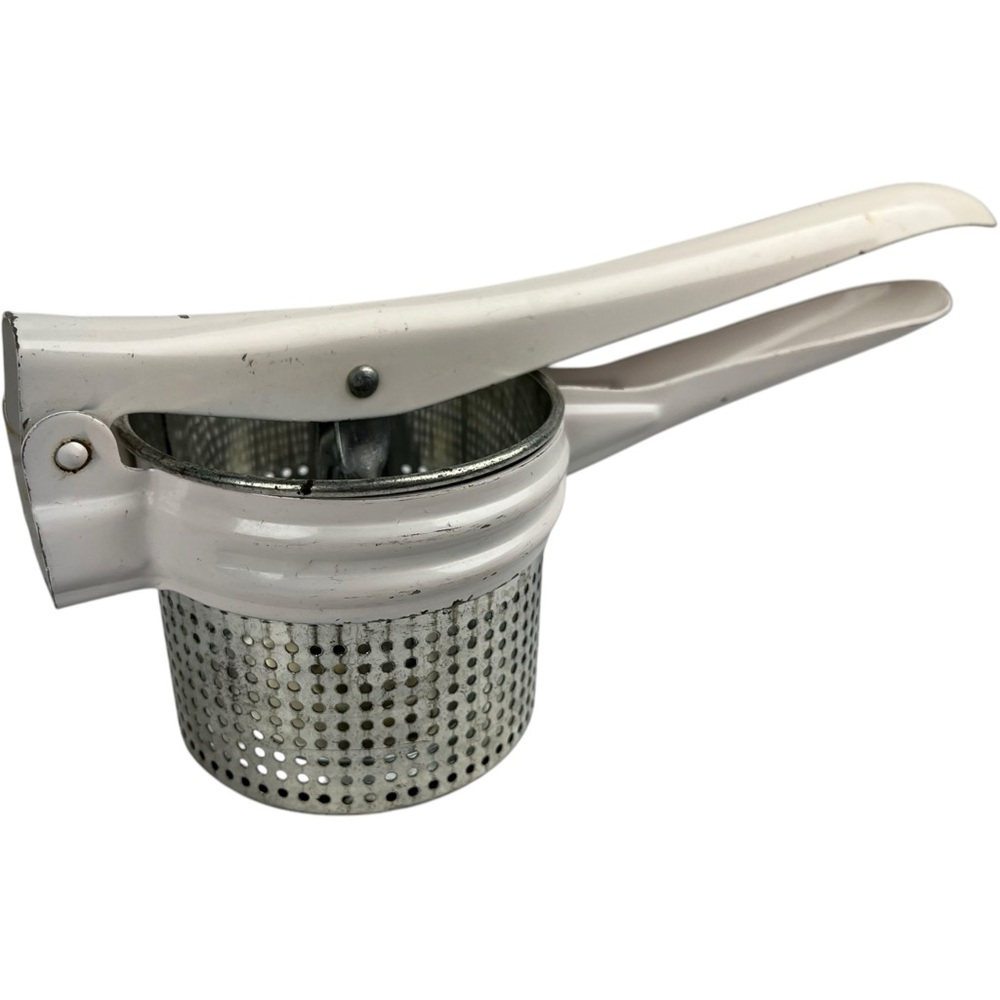 Vintage white Enamel Handle Metal Potato Ricer Masher Strainer Kitchen Utensil